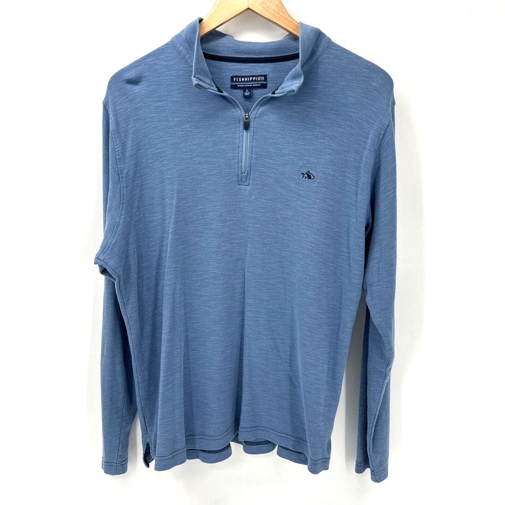 Fish Hippie Men’s Large Blue 1/4 Zip Mock Neck Pullover Long Sleeve Shirt