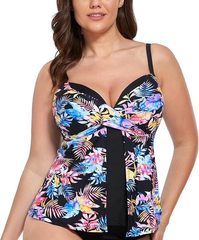 Fullfitall Tropical Tankini Swimwear Underwire Tops Tummy Women's Plus Size 12