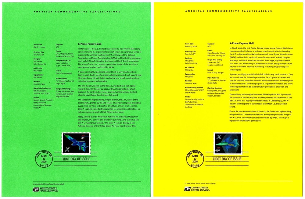 2 USPS First Day Souvenir Cancellation Pages FDCs X-Planes 4018 4019 2006