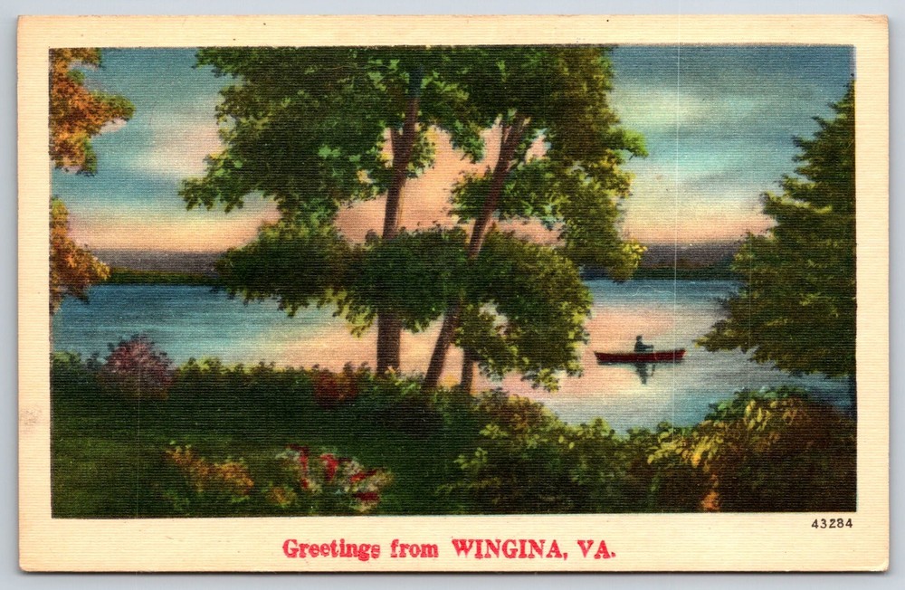 Greetings From Wingina Virginia~Canoe On Lake Landscape Scene~Vtg Linen Postcard