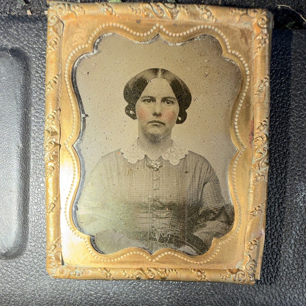Cased Framed Original Black & White Portrait tintype Photograph of Woman, Metal