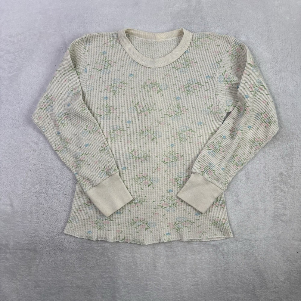 VTG Floral Waffle Knit Long Sleeve Thermal Shirt Women's Girls Duofold