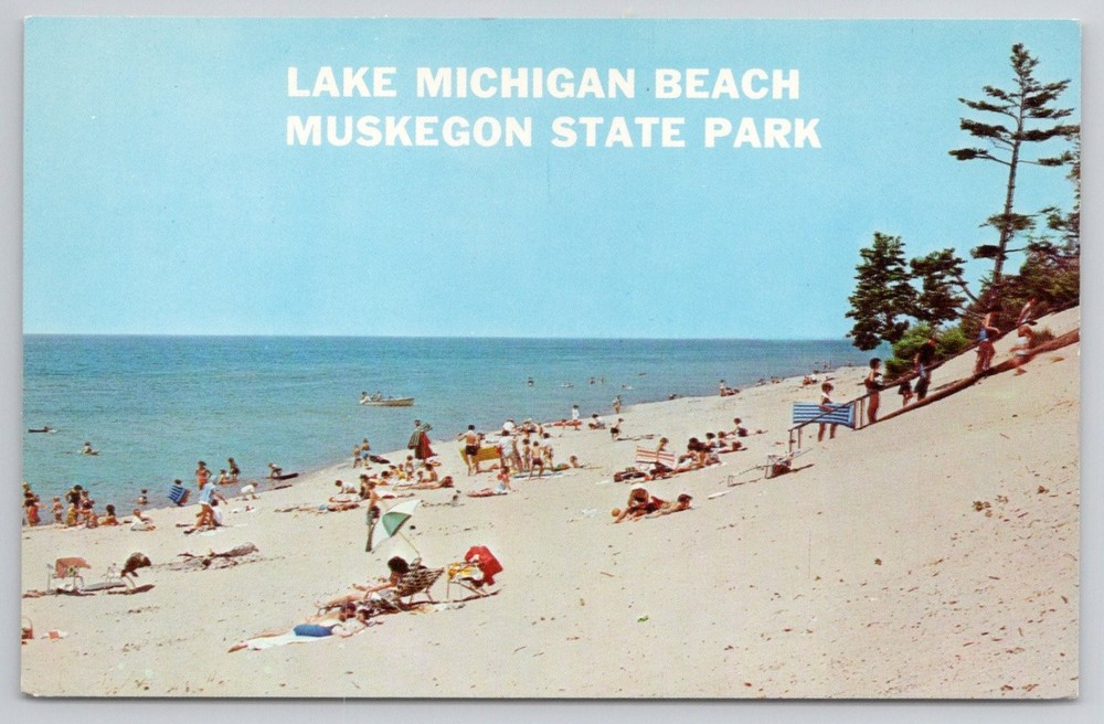 Vintage Lake Michigan Beach Muskegon State Park Michigan Chrome Postcard