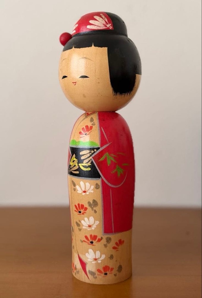 Shinichiro Kokeshi Doll Red Kimono 23.5cm Creative Handmade Japan