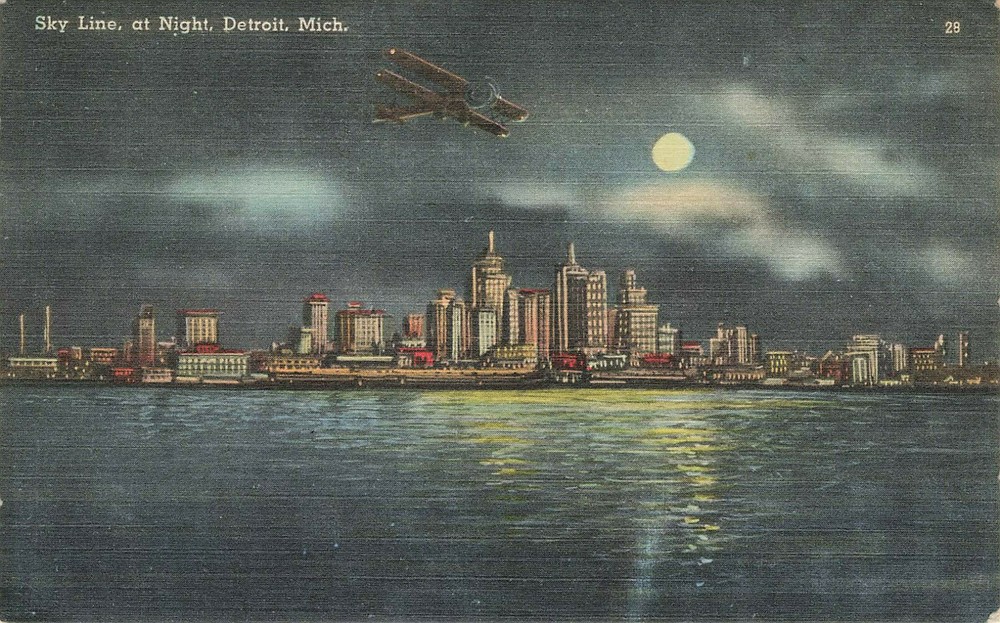 Detroit Skyline At Night With Airplane Postcard Detroit Mi Michigan 1946