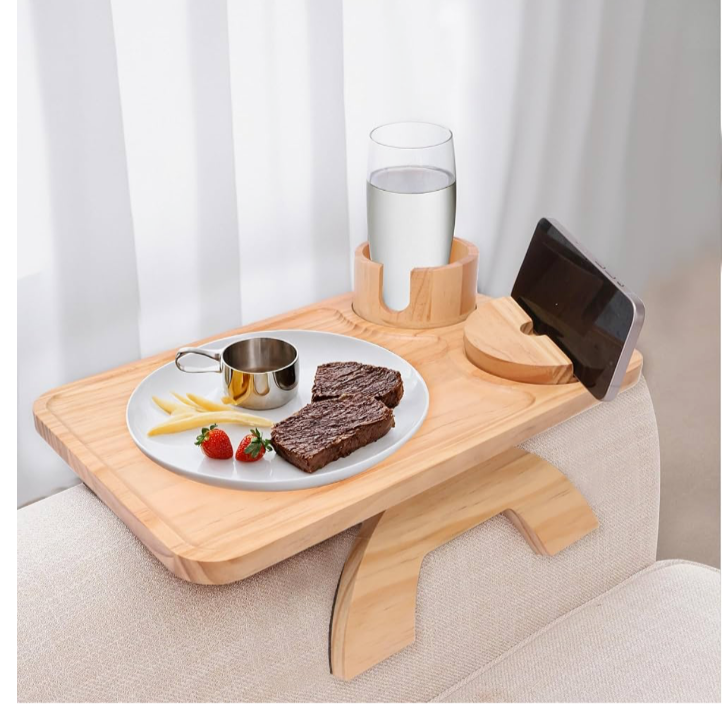 Acacia Wood Folding Couch Arm Tray for Sofa Armrest-image