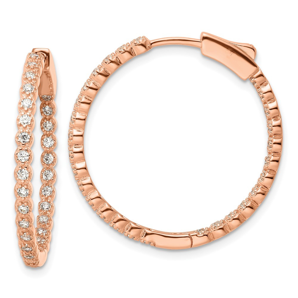 Sterling Silver Rose-tone In & Out Cubic Zirconia Hinged Hoop Earrings 4.71gm
