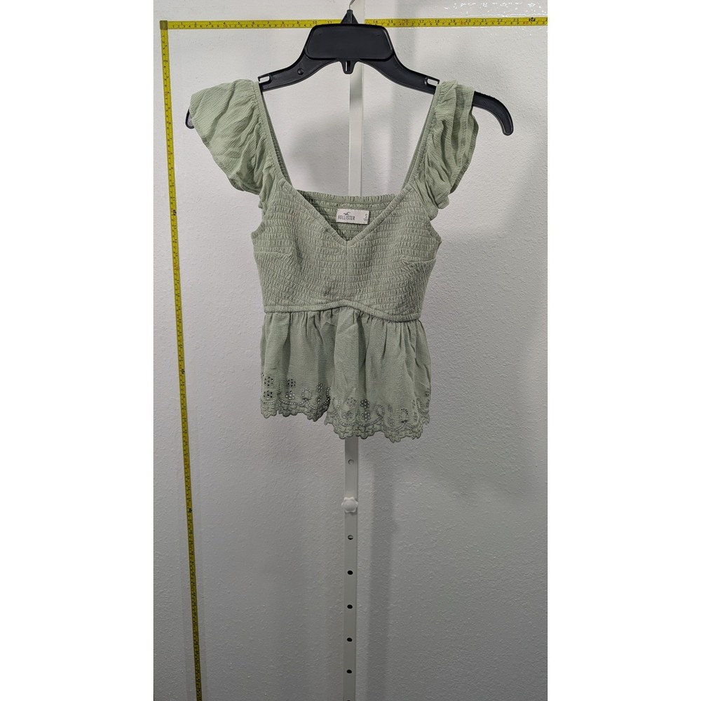 Hollister Womens Small Sage Green Smocked Peplum Eyelet Embroidered Top V-Neck