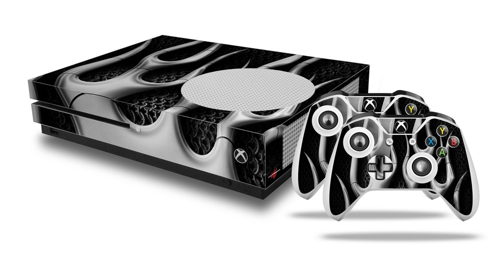 Skin XBOX One S Console Controller Metal Flames Chrome