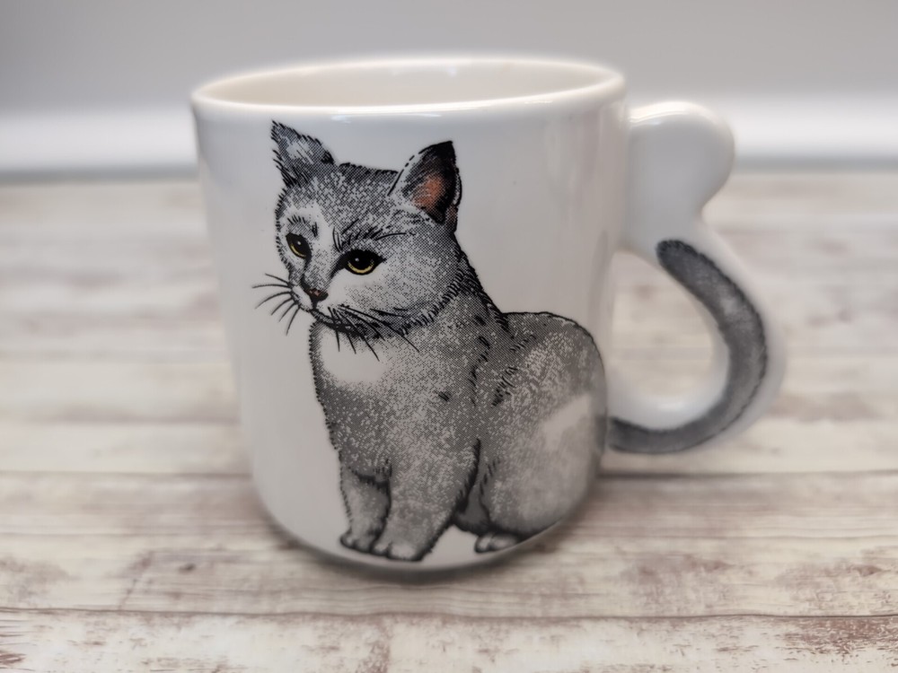 Gray and White Kitty Cat Coffee Mug Cup With Tail Handle Japan Ceramic Vintage