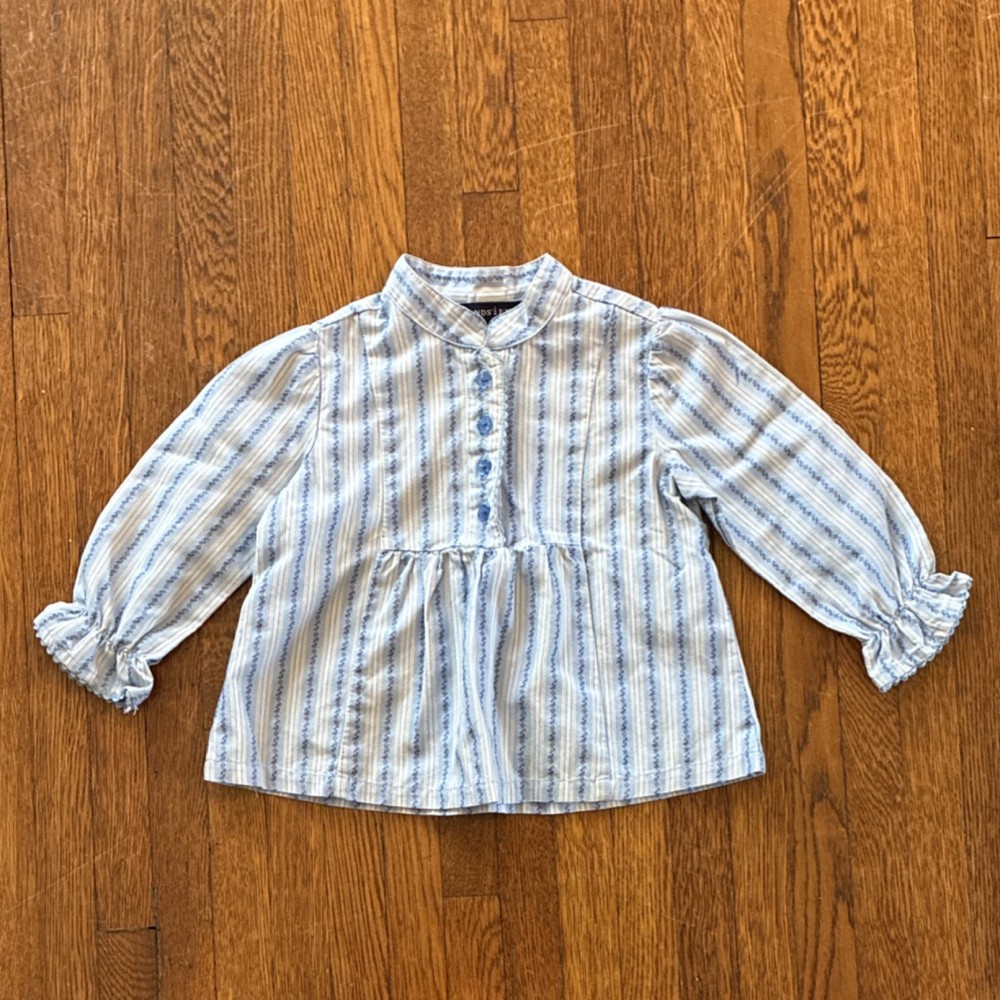 Lands' End Girls Blue White Striped Long Sleeve Button-Up Blouse Ruffle 2T