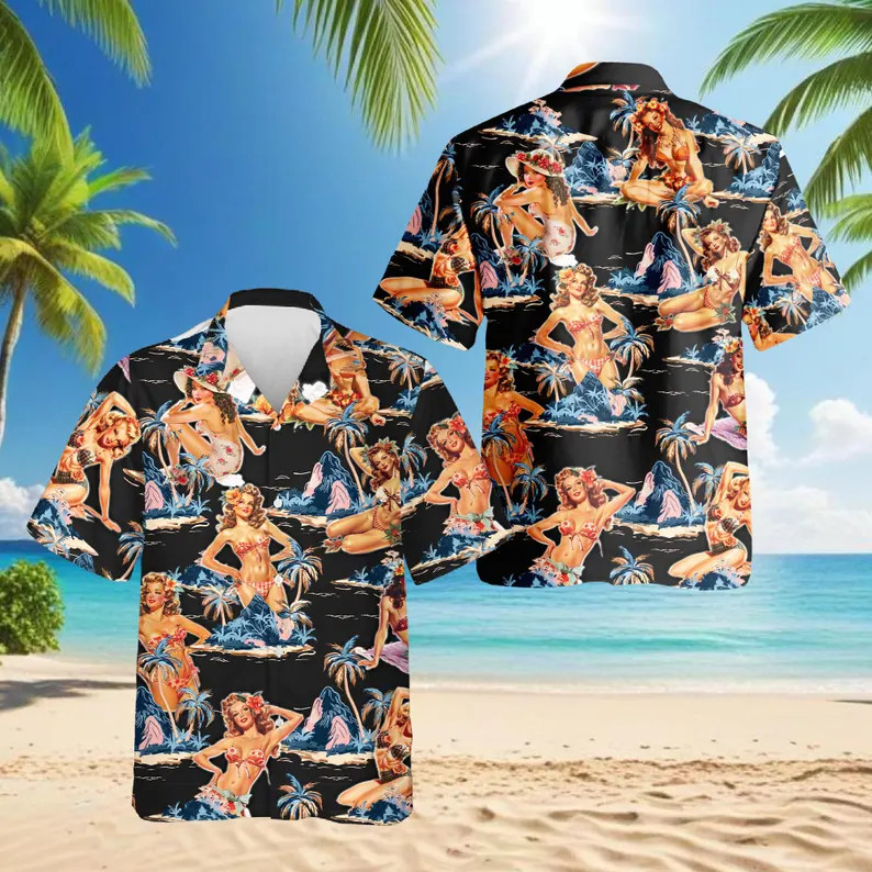 Vintage Pin Up Hawaii Shirt Men Aloha Beach Summer