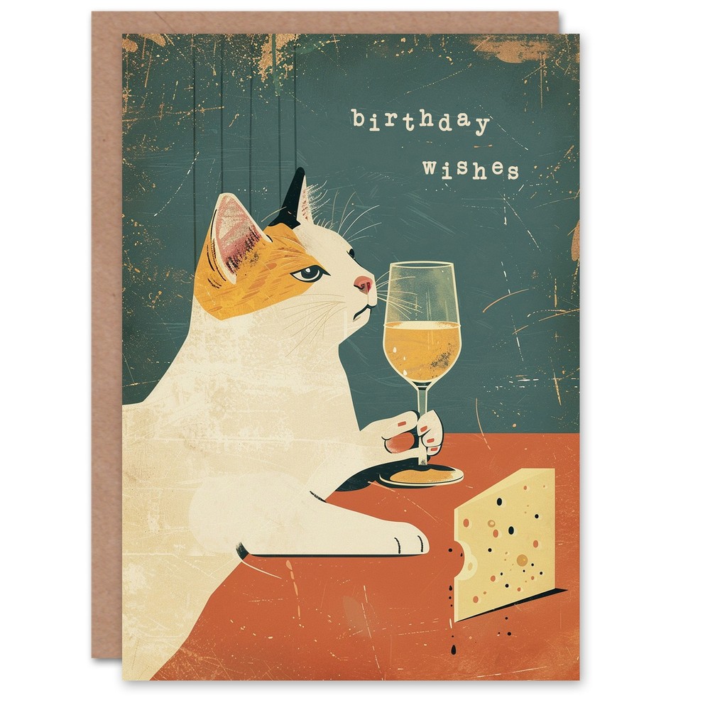 Birthday Card Cat Wino Cheese Lover Fun Artwork Sophisticated Pet For Him Her