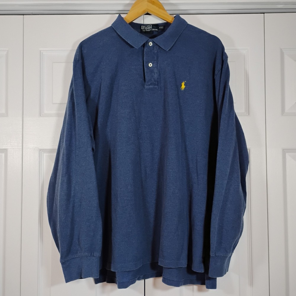 POLO By RALPH LAUREN Mens XXL Blue Polo Shirt Long Sleeve Cotton Yellow Logo