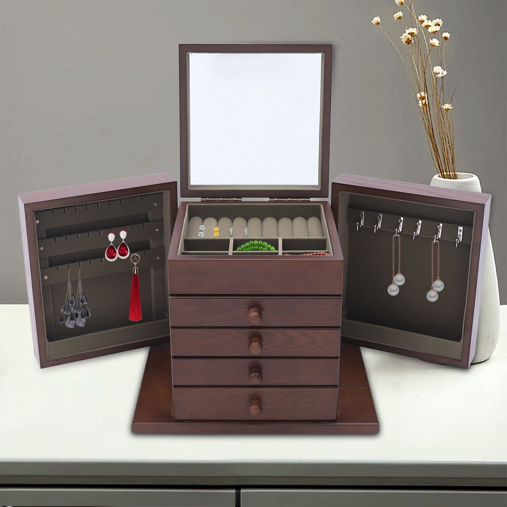 5-Layer Vintage Wooden Jewelry Organizer Box with 4 Drawers for Large Storage