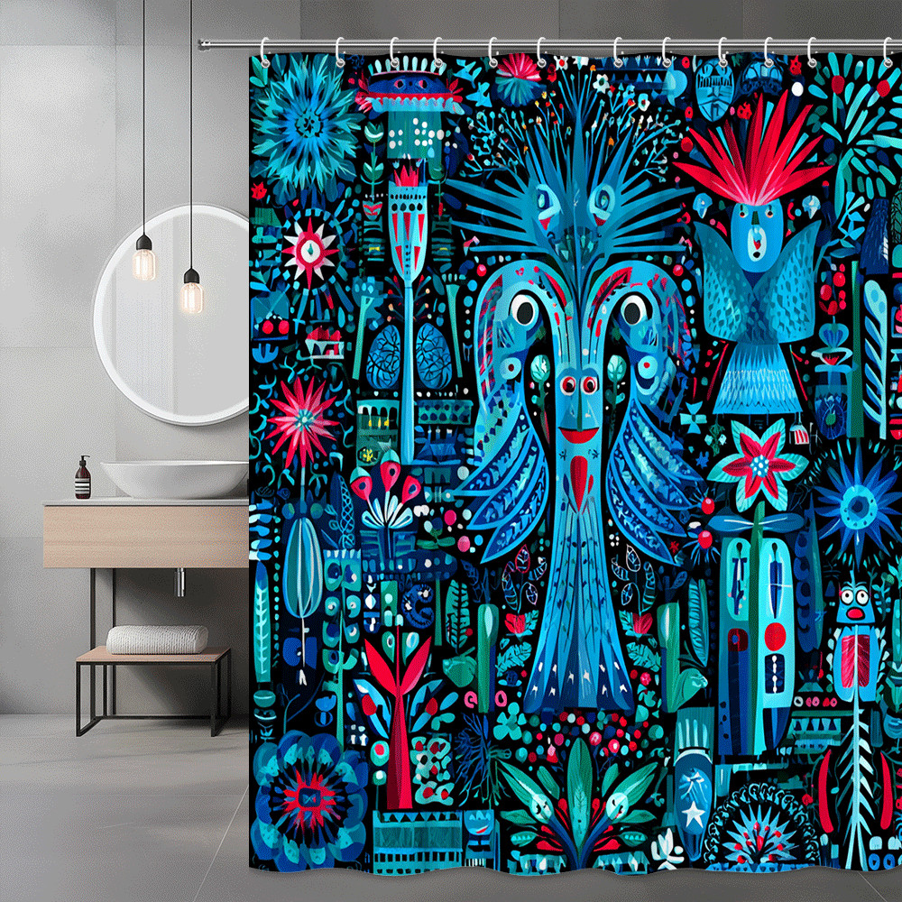 Abstract Blue Red Floral Graphic Shower Curtain