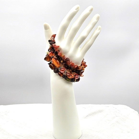 Boho Earth Tone Stretch Bracelet Set 4pc Tigers Eye  Stone Beaded Orange Brown