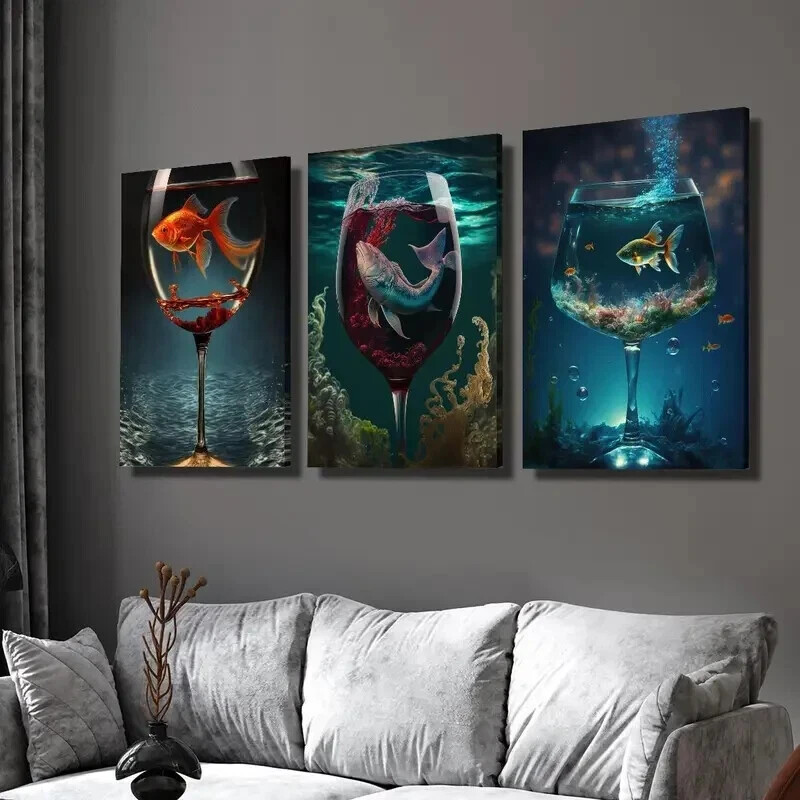 3pc Sea Life Wall Art Canvas Framed 50x70cm Aquarium Wine Glass Decor