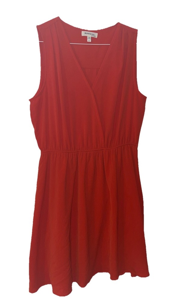 Monteau Los Angeles Large Women’s Dress Orange/Red V-Neck Stretch Cinch Pretty