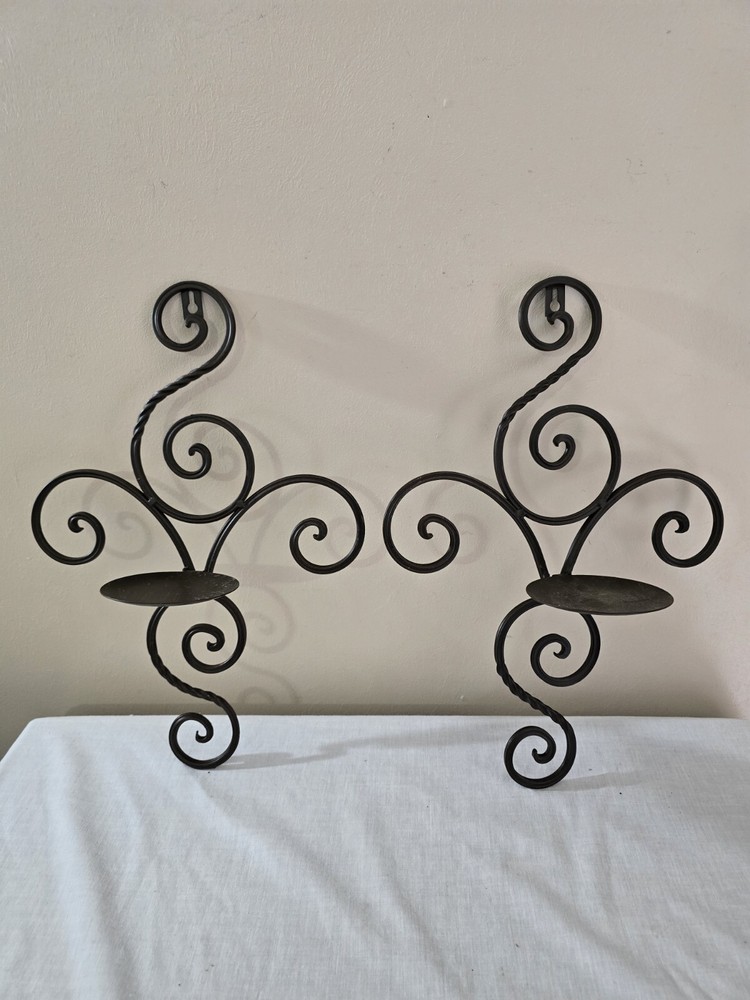 Set Of 2 Wrought Iron Metal Brown Folding Pillar Candle Wall Sconces Holders