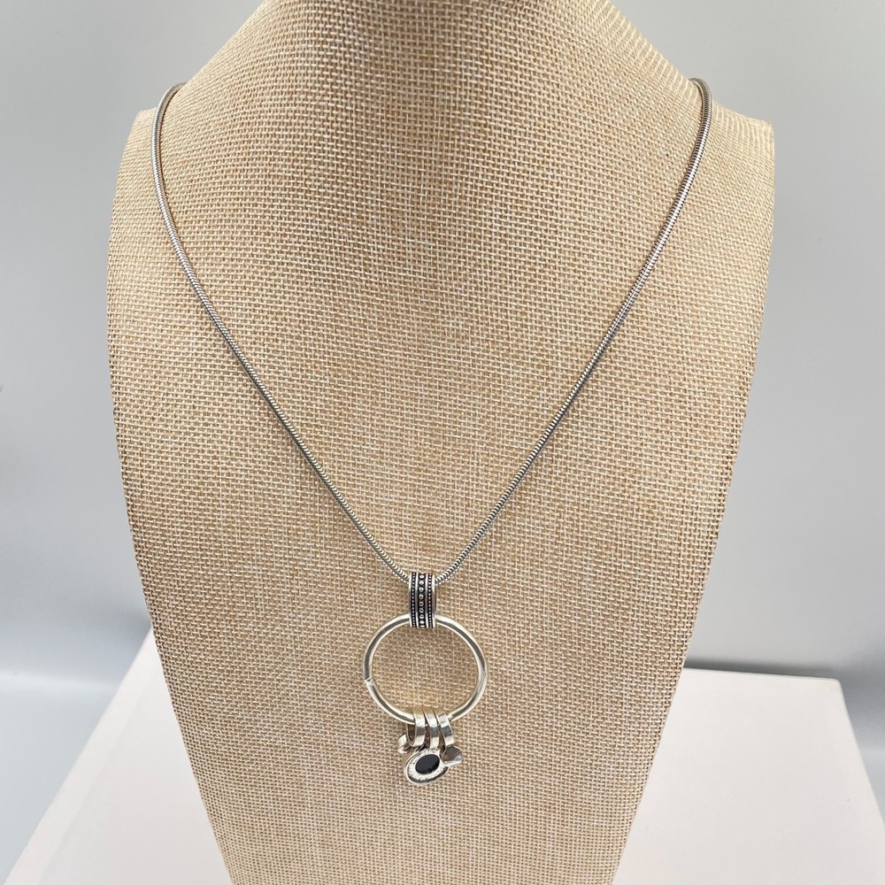 Vintage Silver Tone Geometric Ring Pendant Necklace Black Stone Snake Long Chain
