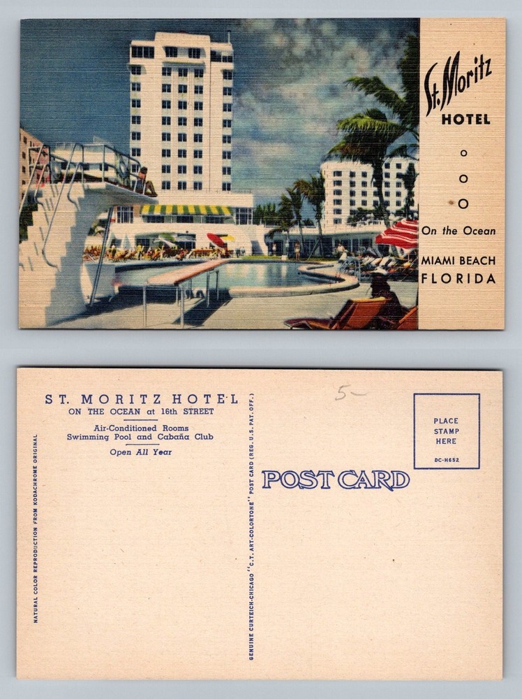 Miami Beach, FL-Florida, St Moritz Hotel Pool Cabana Art Deco Vintage Postcard
