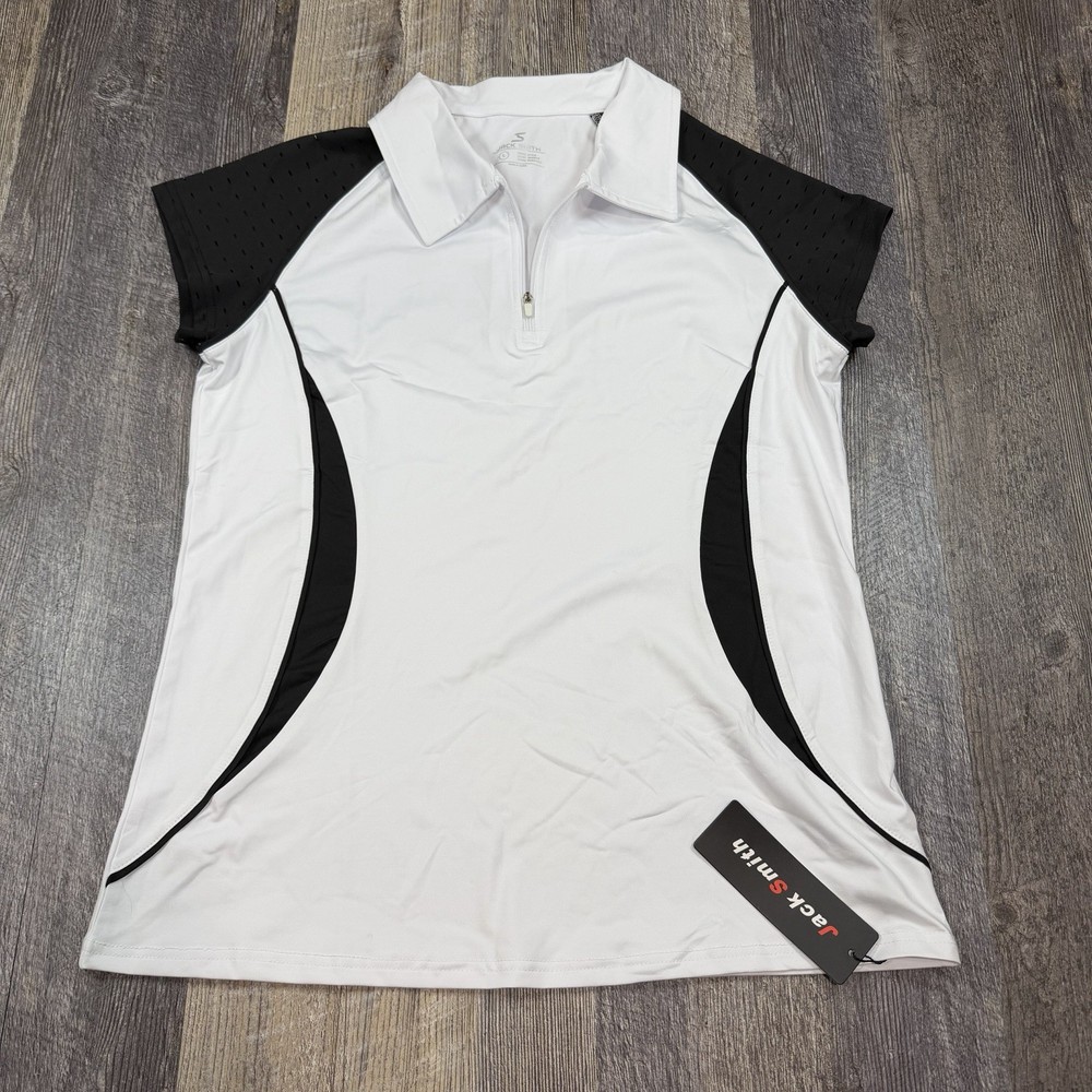 Jack Smith Women’s Polo Shirt Large White Black Athletic Stretch 1/4 Zip Golf