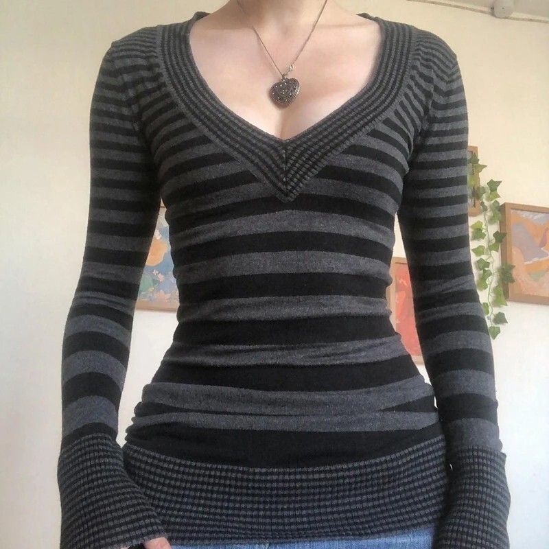 Women Top Fairy Grunge Y2k Knitted Clothes Striped V Neck Long Sleeve T Shirt