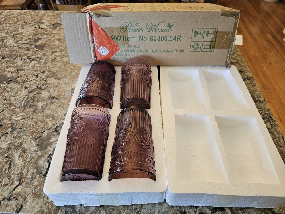 Set of 4 The Pioneer Woman Adeline Plum Purple Glass Tumbler 16 oz New Open Box