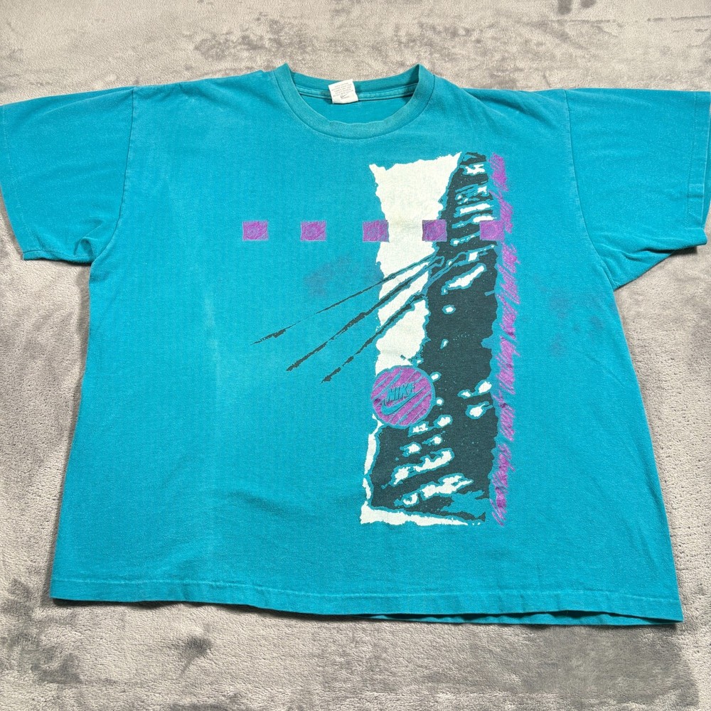 Vintage 1980's Nike T-Shirt Mens XL Blue Abstract Graphic Print Everyday Wear-image