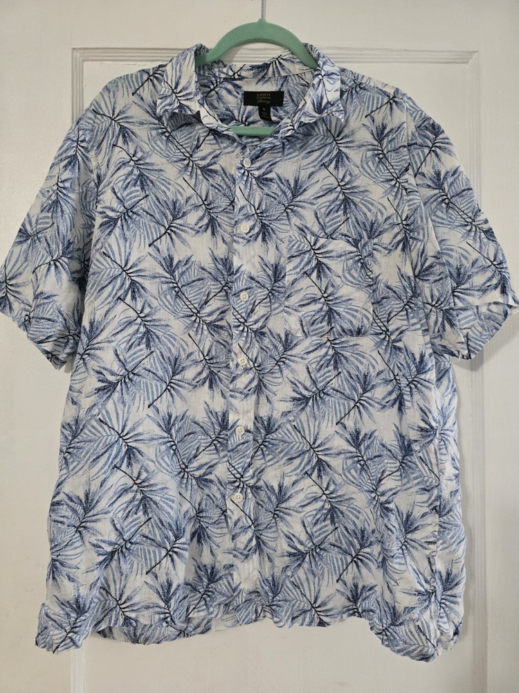 Club Room Shirt Mens XL White and Blue Luxury Linen Tropical Hawaiian Button Up