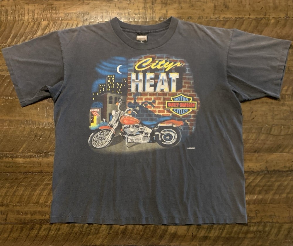 Vintage 90s Harley Davidson City Heat Faded Tee XL Single Stitch Double Sided