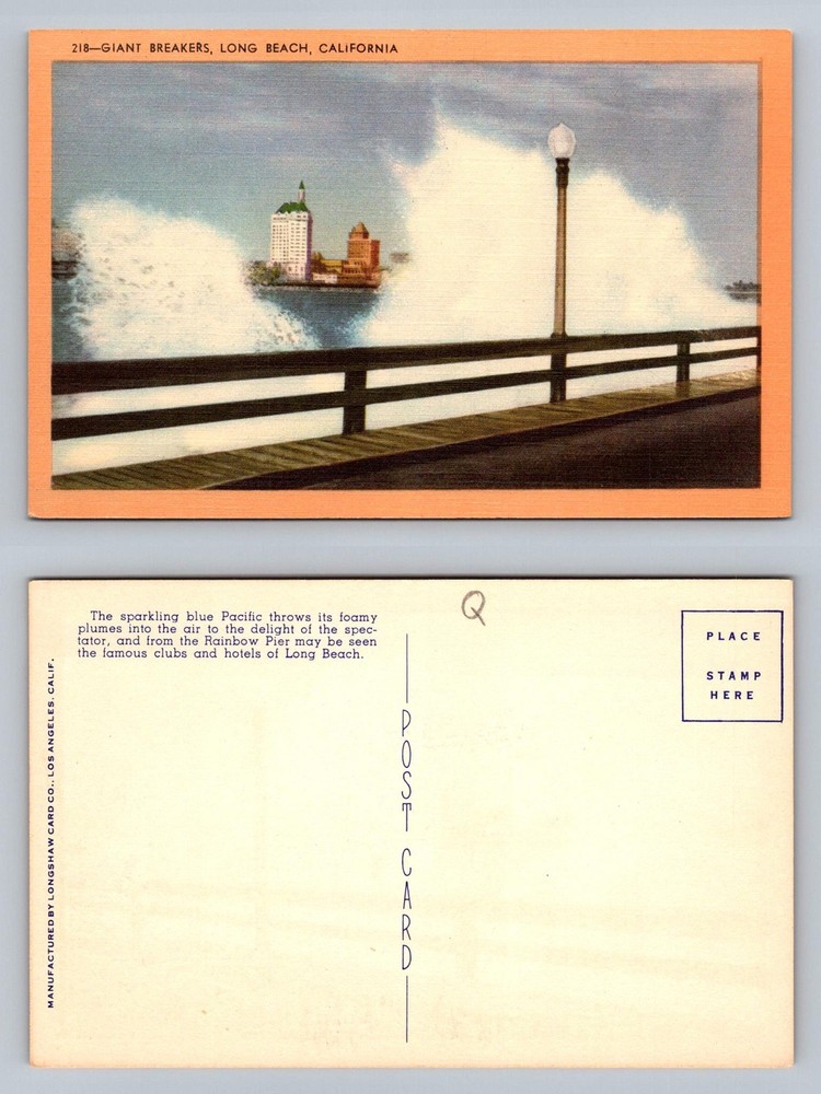 Long Beach, CA-California, Giant Breakers Rainbow Pier Waves Vintage Postcard