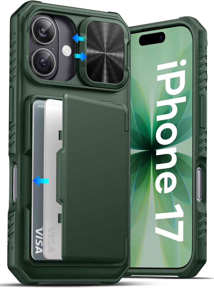 for Iphone 17 Case, Built-In Card Holder (Store 3-5 Cards) [RFID] & Sliding Came