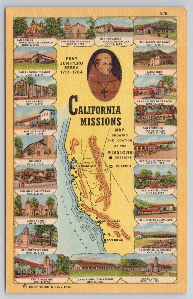 Vintage California Missions Map Fray Junipero Serra Postcard Linen Curt Teich