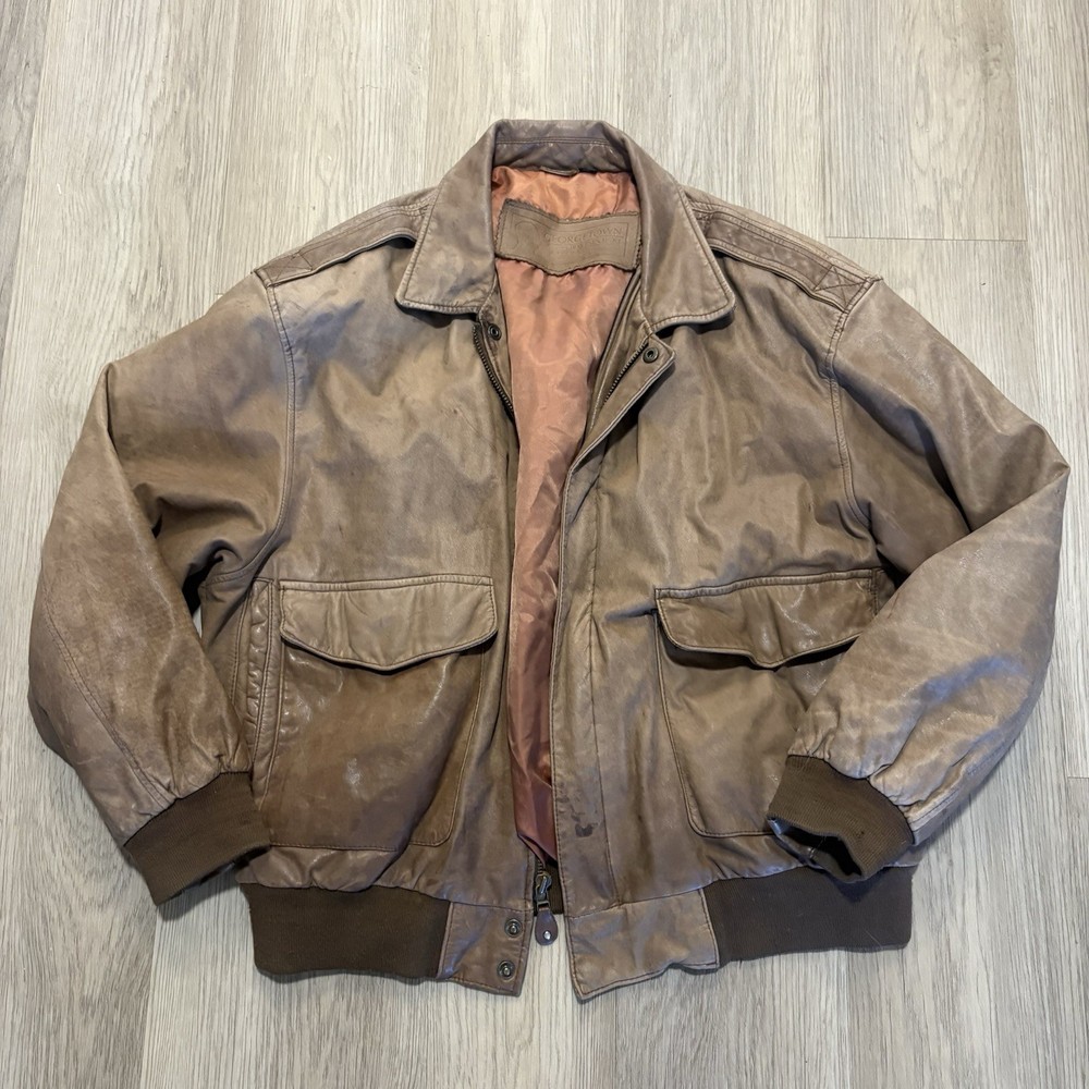 Men's Leather Bomber Jacket Brown Size L/Xl