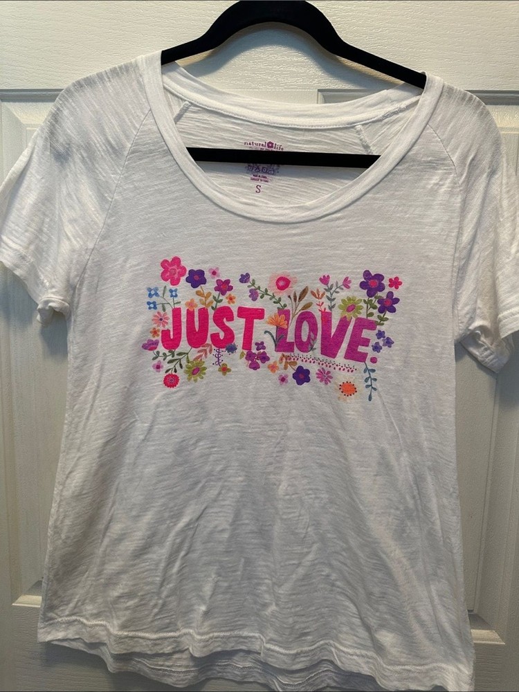 NATURAL LIFE 100% Cotton White Short Sleeve Tee with Pink Floral 