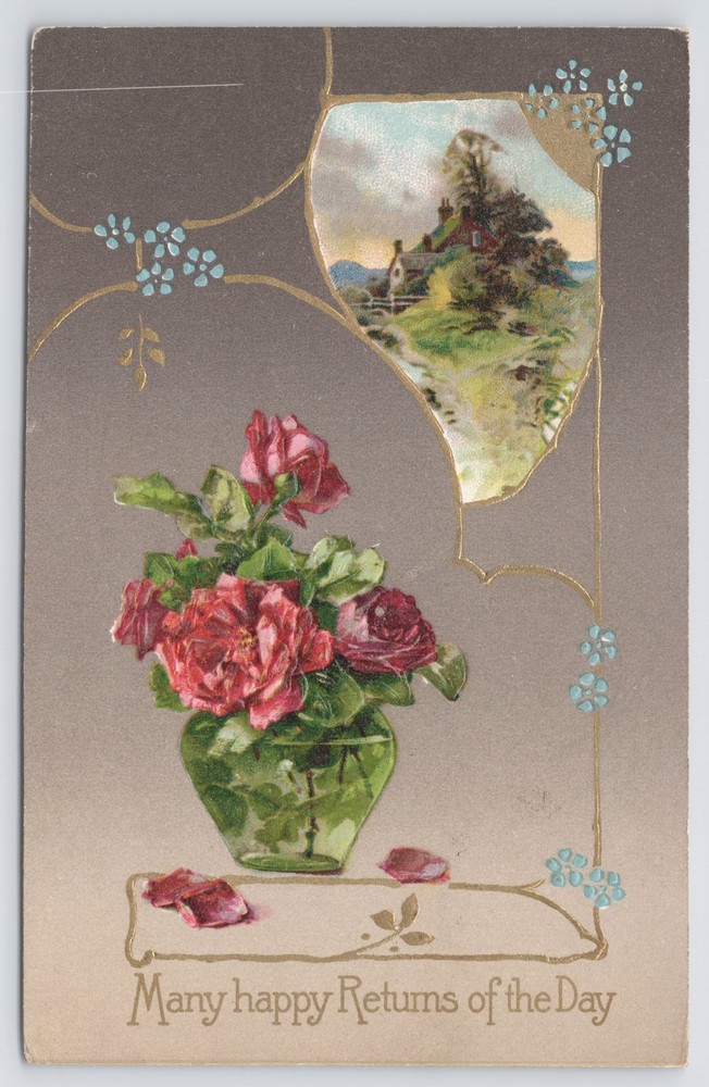 Greetings~Red Flowers In Green Vase & Homes Many Happy Returns~Vintage Postcard