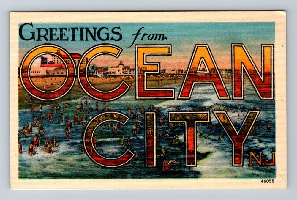 OCEAN CITY NJ-New Jersey, LARGE LETTER GREETING, Linen Vintage c1940 Postcard