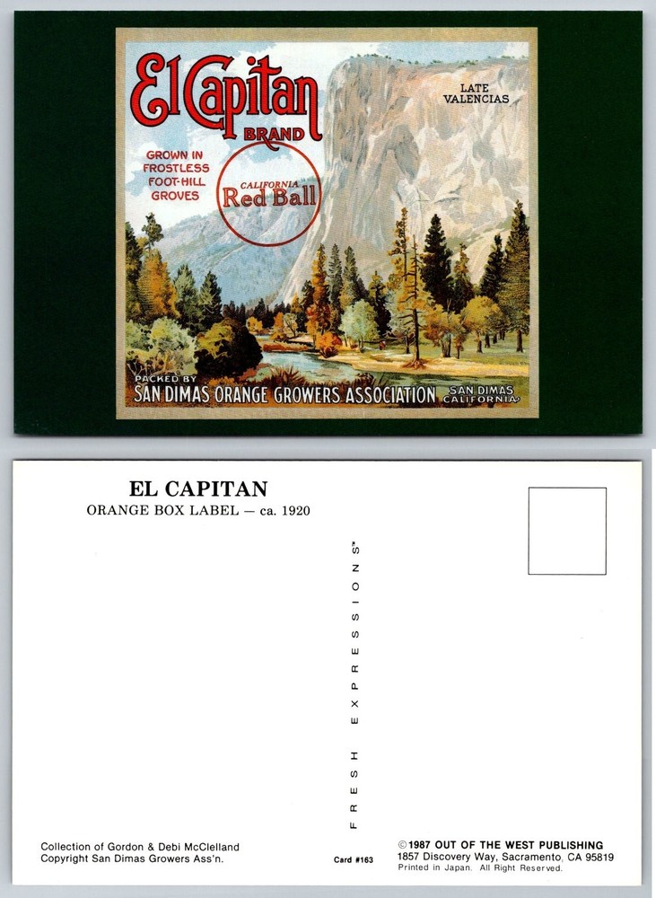 El Capitan Yosemite Orange Crate Label Art Postcard San Dimas CA 1987 Print