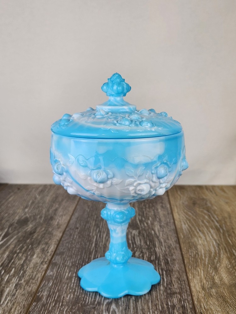 Fenton Blue Marble Slag Glass Cabbage Rose Compote Lidded Candy Dish