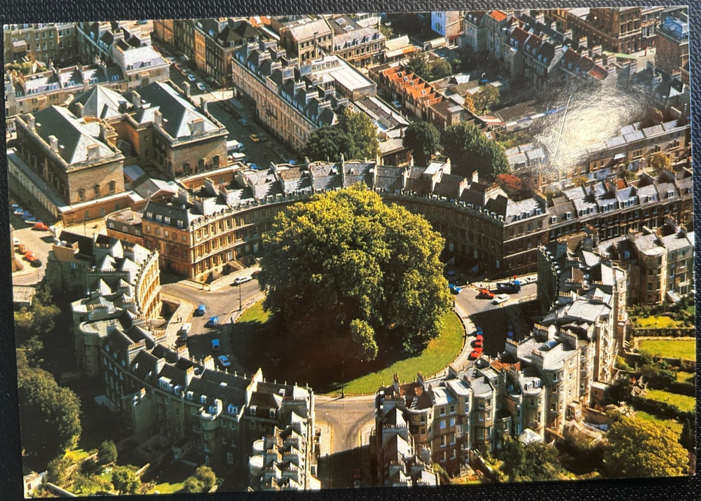 Postcard: Aerial view of the Circus & Assembly Rooms, Bath, UK, excellent cond