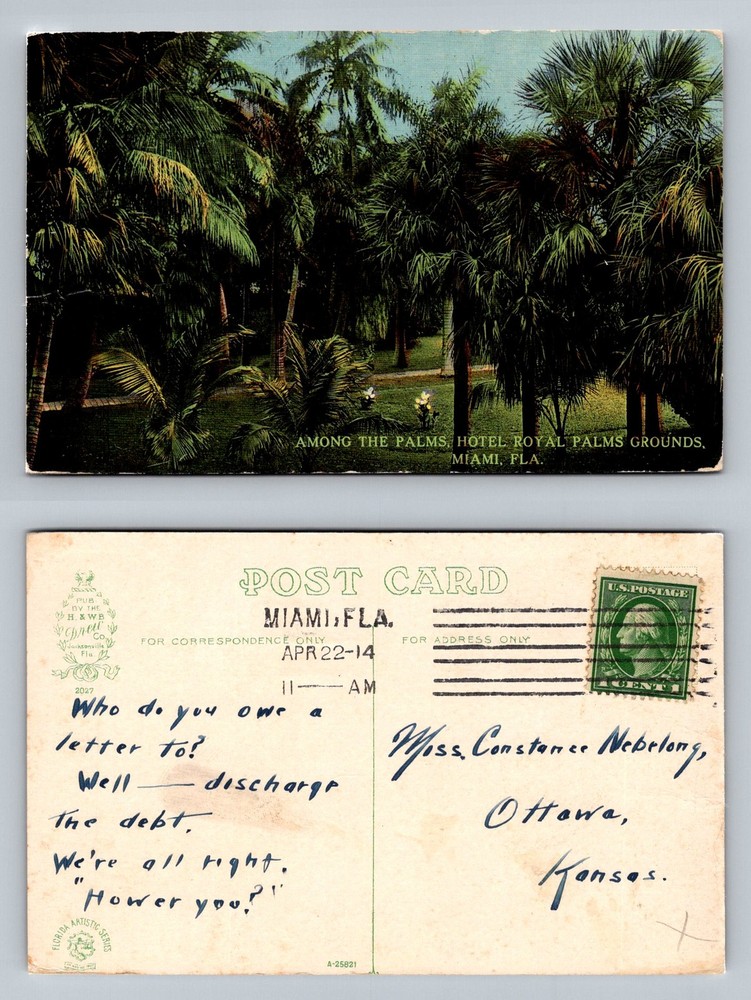 Miami, FL-Florida, Royal Palms Hotel Grounds Palm Garden Vintagec1914 Postcard