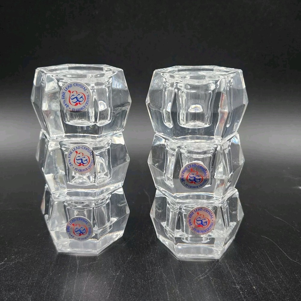 St. George Candle Stick Holders 24% Fine Lead Crystal Stackable Set of 6 Vintage