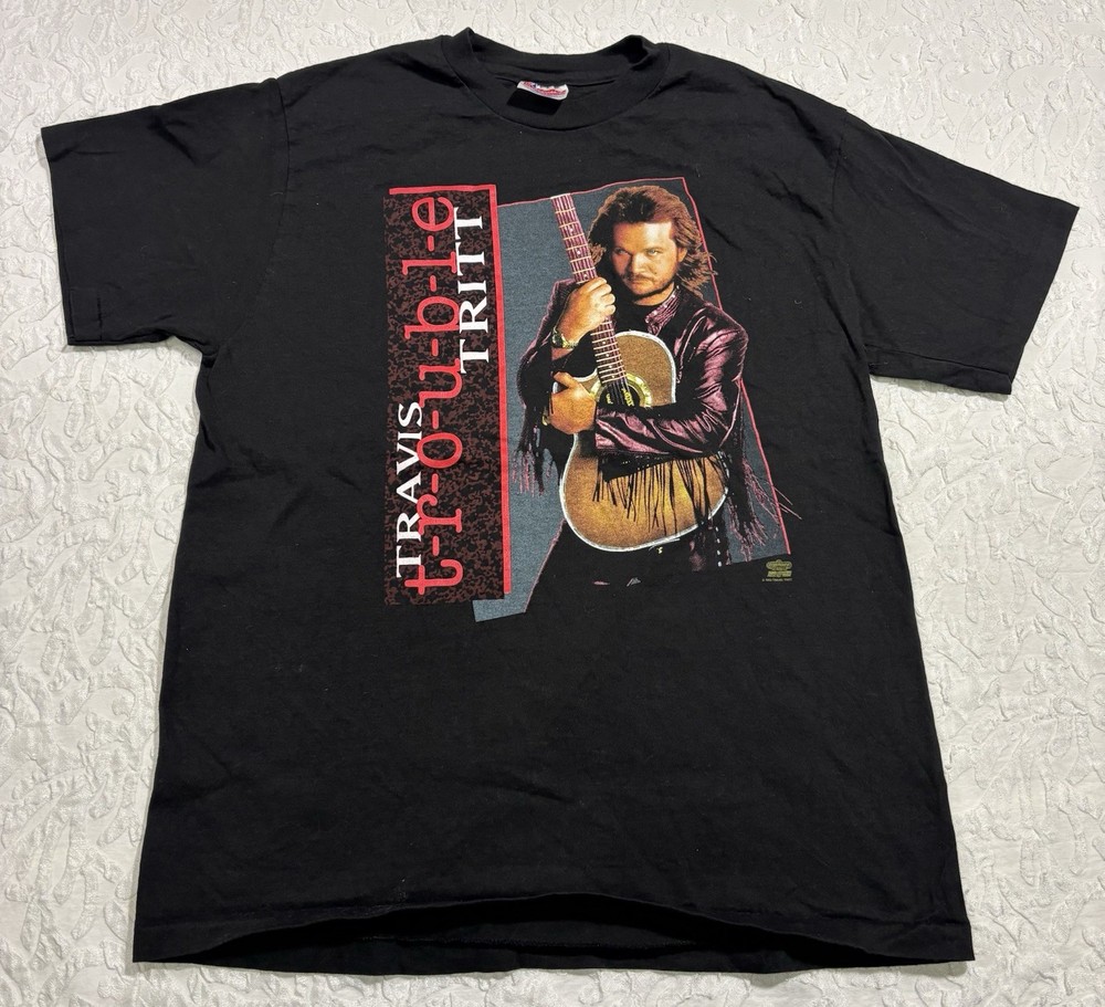 VTG 1992 Travis Tritt Trouble T-Shirt Men’s Large Black Single Stitch Wonderland