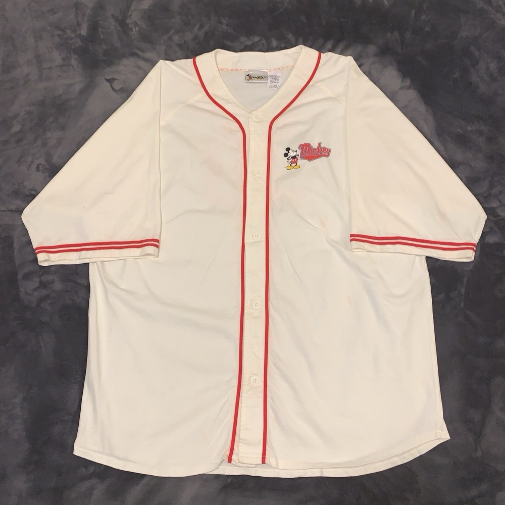Vintage Walt Disney World Mickey Mouse Baseball Jersey XL White Red Parks Shirt