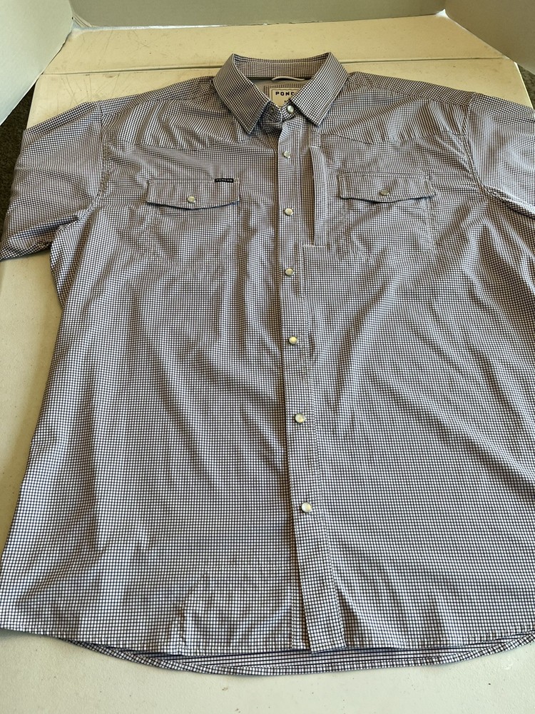 Poncho Shirt Men’s XL Reg Fit Back Vent Pearl Snap Short Sleeve Purple Plaid