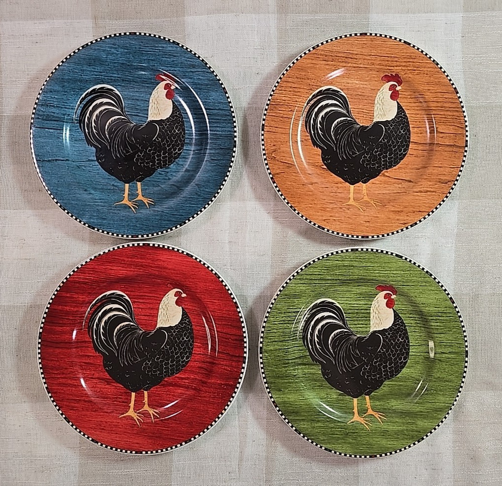 Set of 4 Sakura Warren Kimble Rooster 1999 Salad Plates Farmhouse/Folk Art