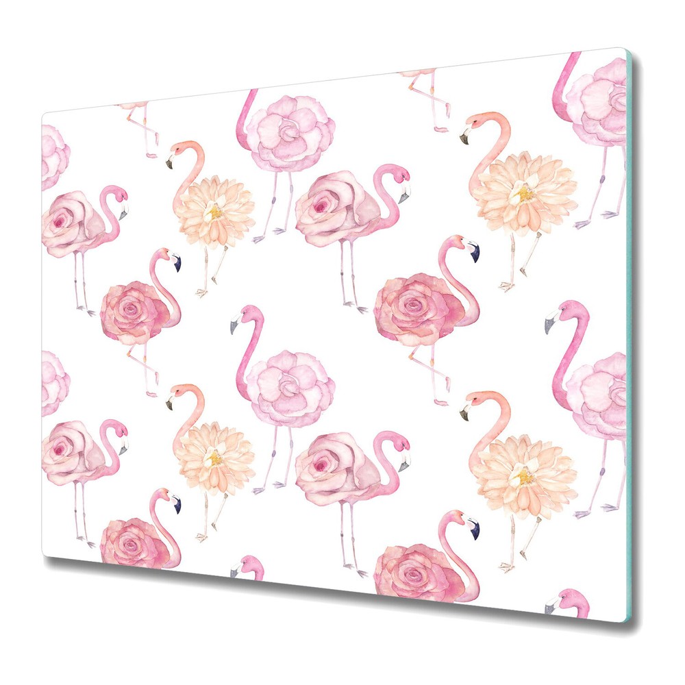 Tempered Glass Induction Ceramic Hob Cover Flamingo Roses Watercolour 60x52