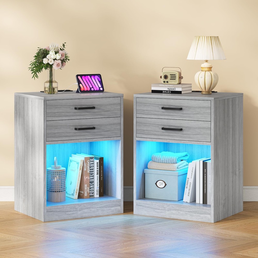 Gray Wood Nightstand Set of 2 with Charging Station, LED Light, Drawers & Shelf